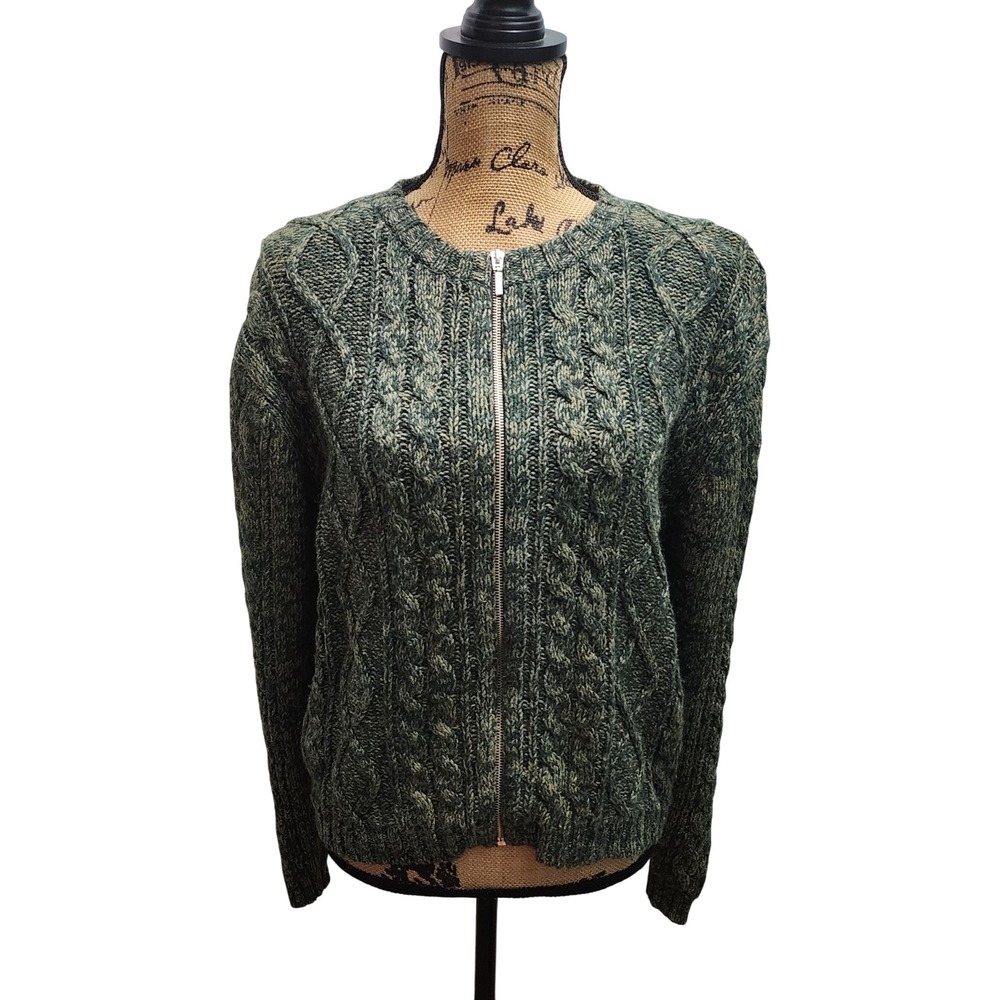 Montana Blues Womens Cable Knit Zip‎ Up Cardigan Sweater Olive Green L